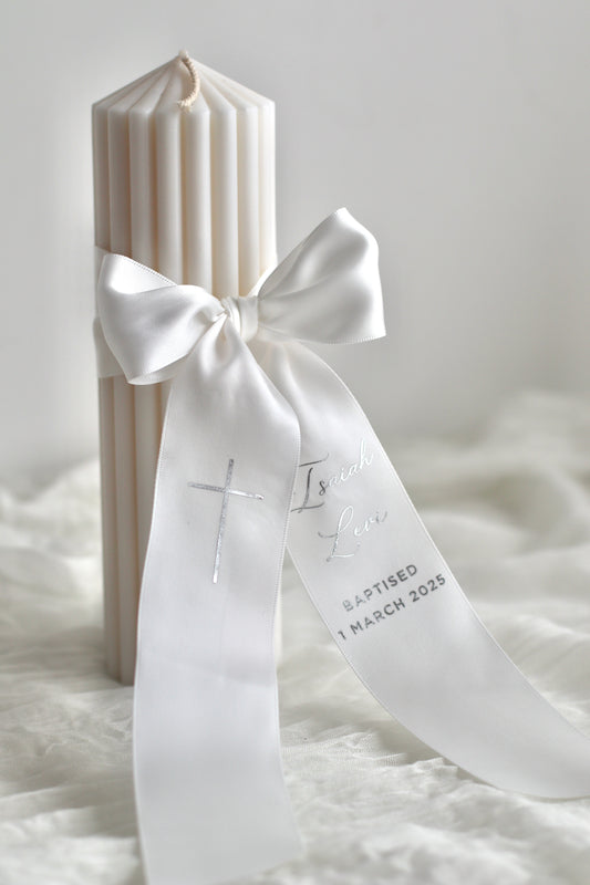 Ribbed Baptism Candle w/ Satin Printed Ribbon