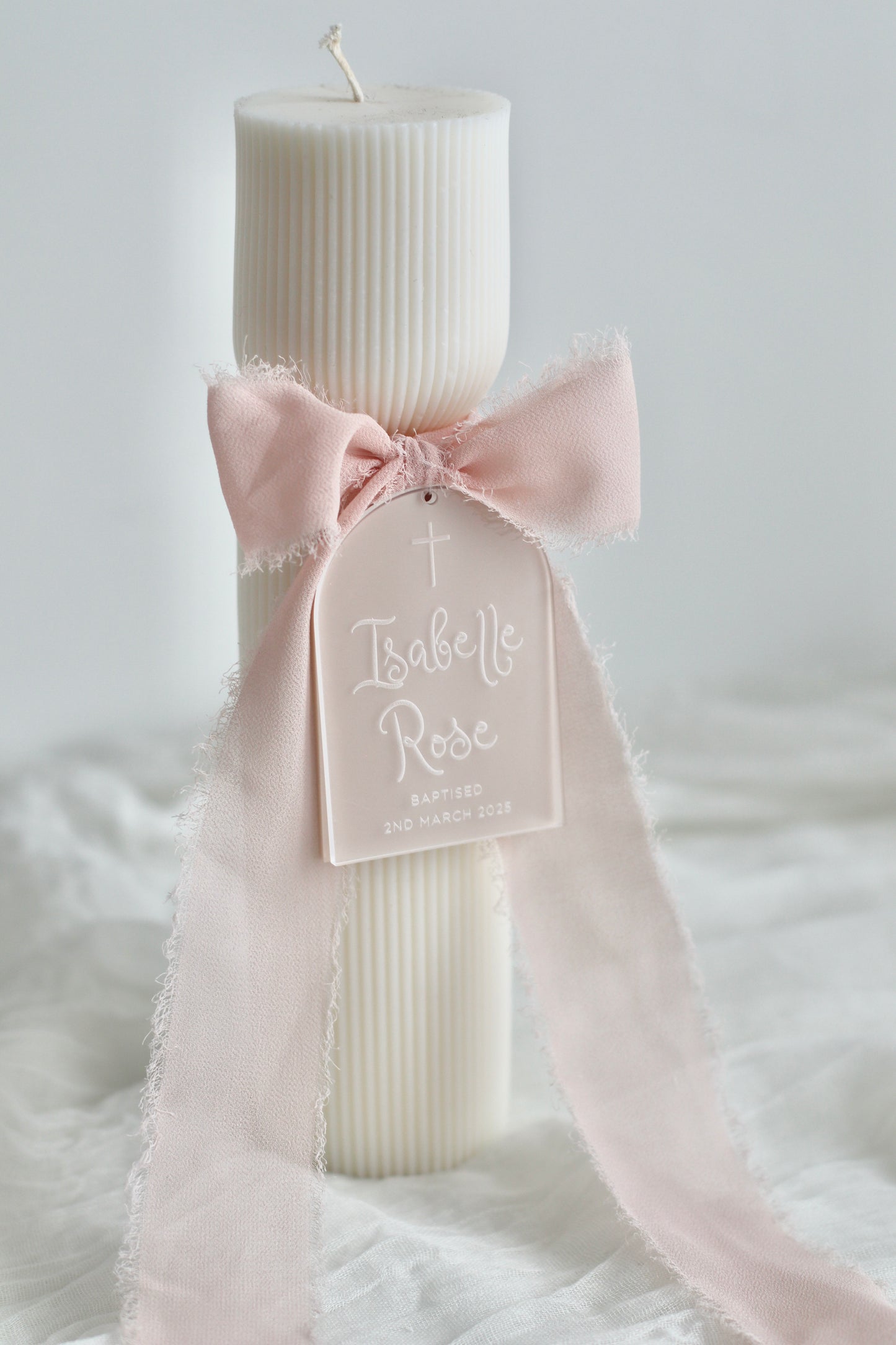 Hourglass Ribbed Baptism Candle w/ Acrylic Plaque