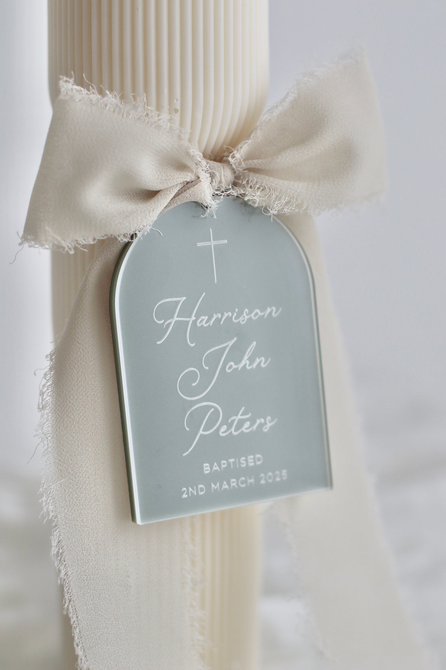 Hourglass Ribbed Baptism Candle w/ Acrylic Plaque