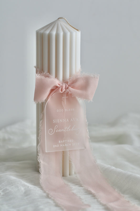 Ribbed Baptism Candle w/ Acrylic Plaque