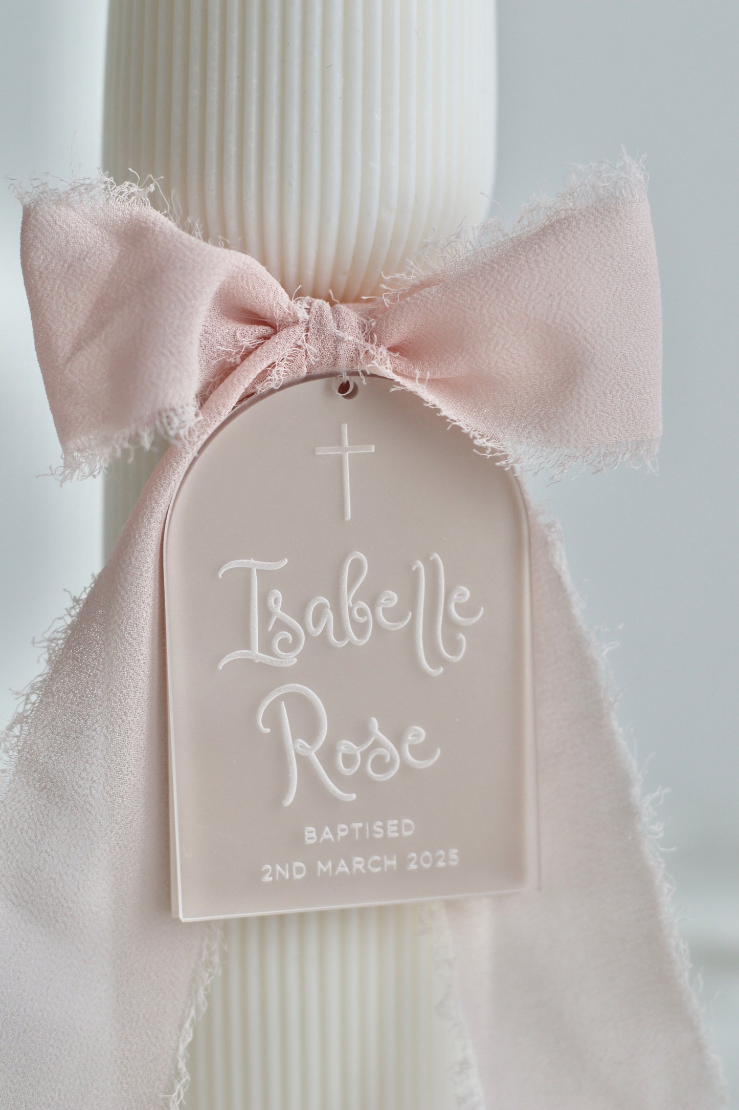 Hourglass Ribbed Baptism Candle w/ Acrylic Plaque
