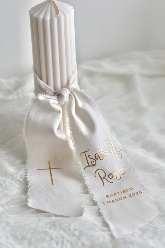 Ribbed Baptism Candle w/ Linen Printed Ribbon