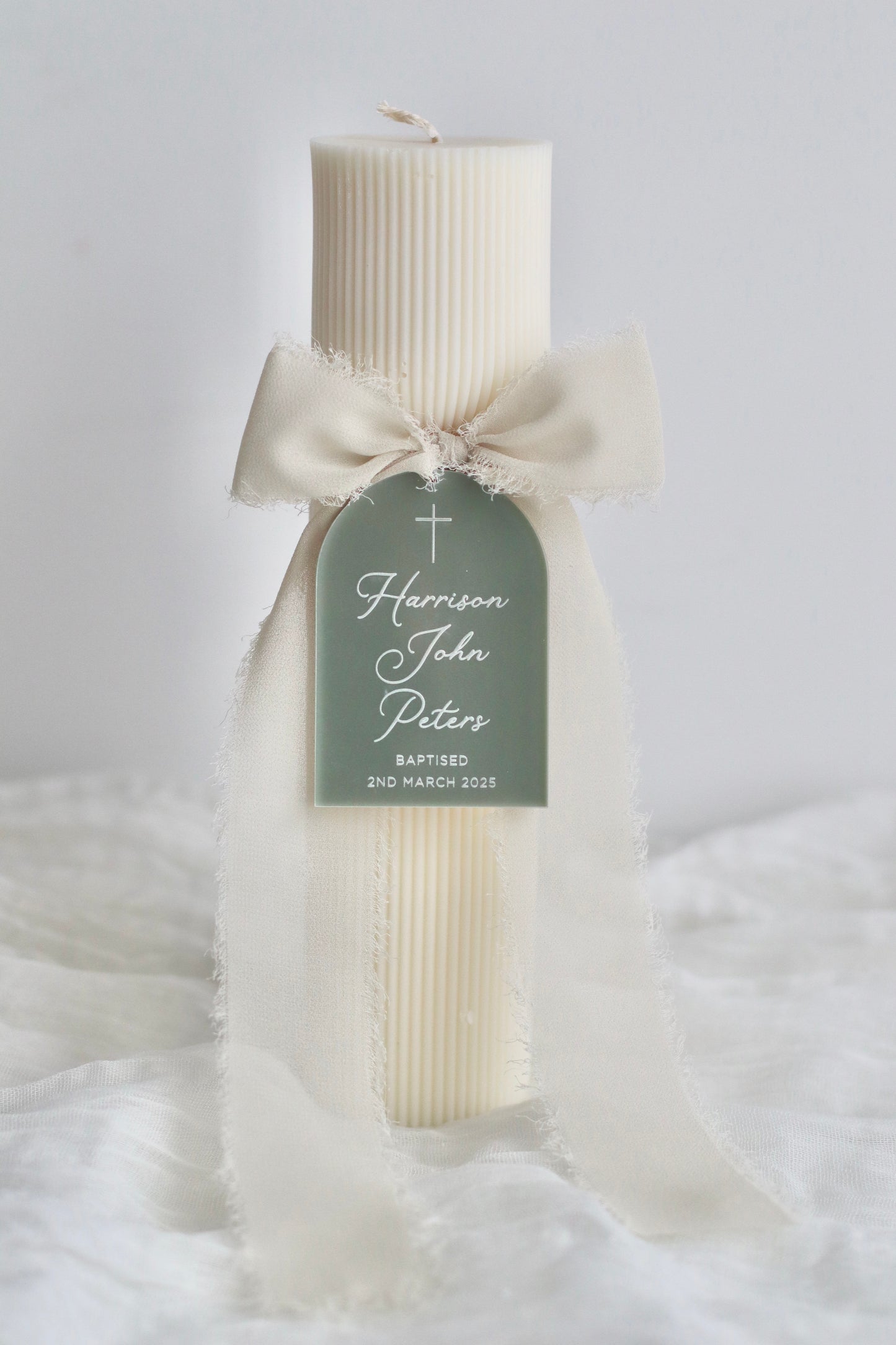 Hourglass Ribbed Baptism Candle w/ Acrylic Plaque