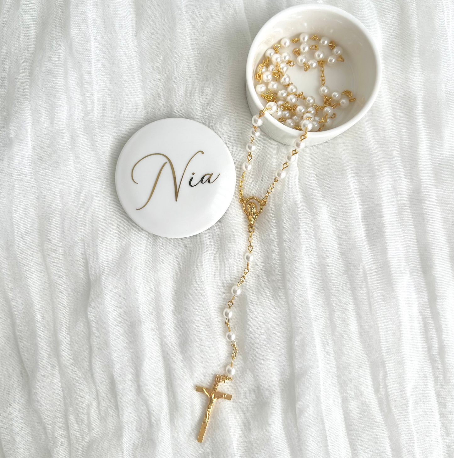 Round Pearl Rosary w/ Gold Hardware