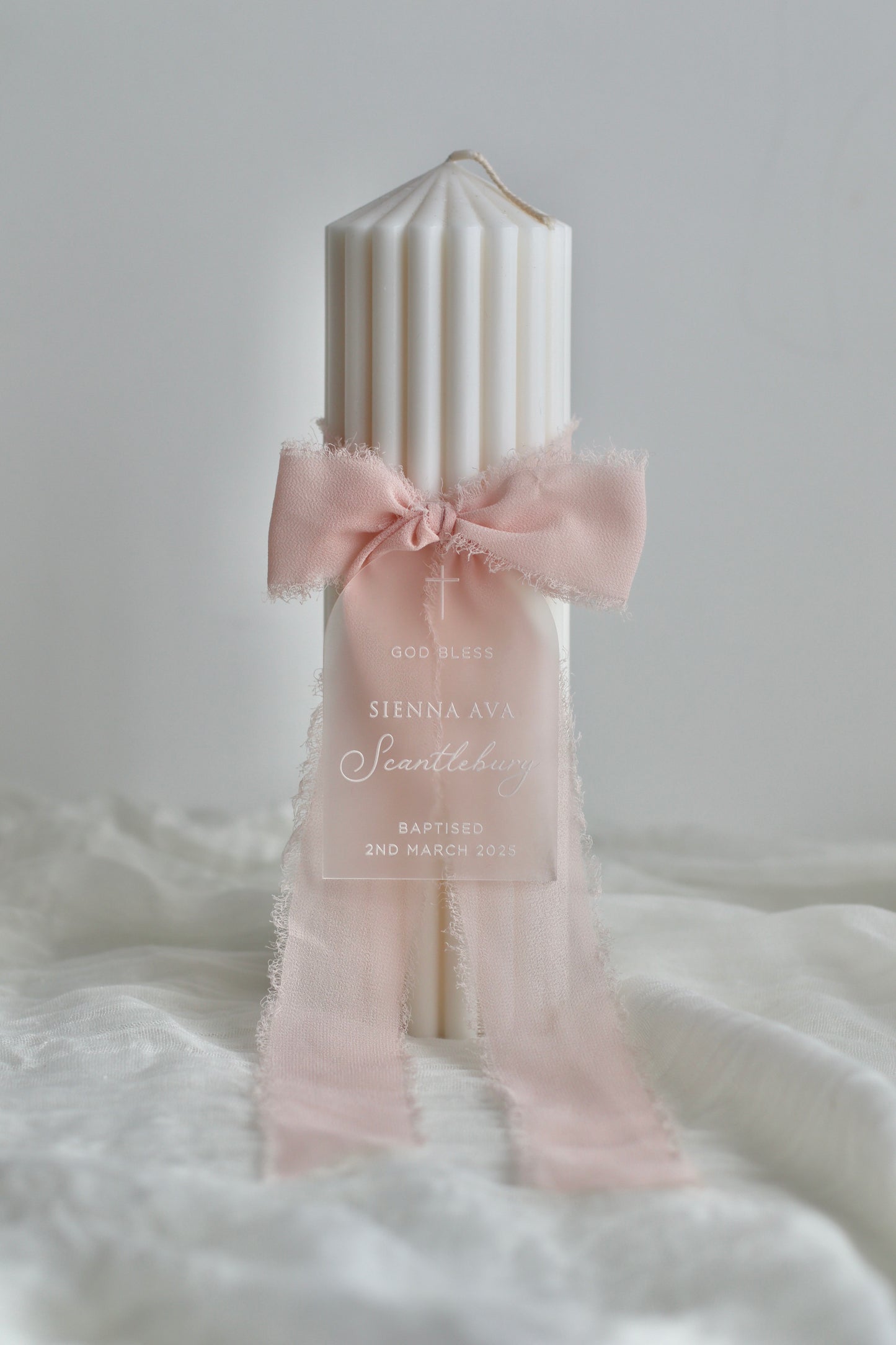 Ribbed Baptism Candle w/ Acrylic Plaque