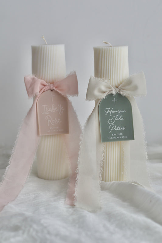 Hourglass Ribbed Baptism Candle w/ Acrylic Plaque