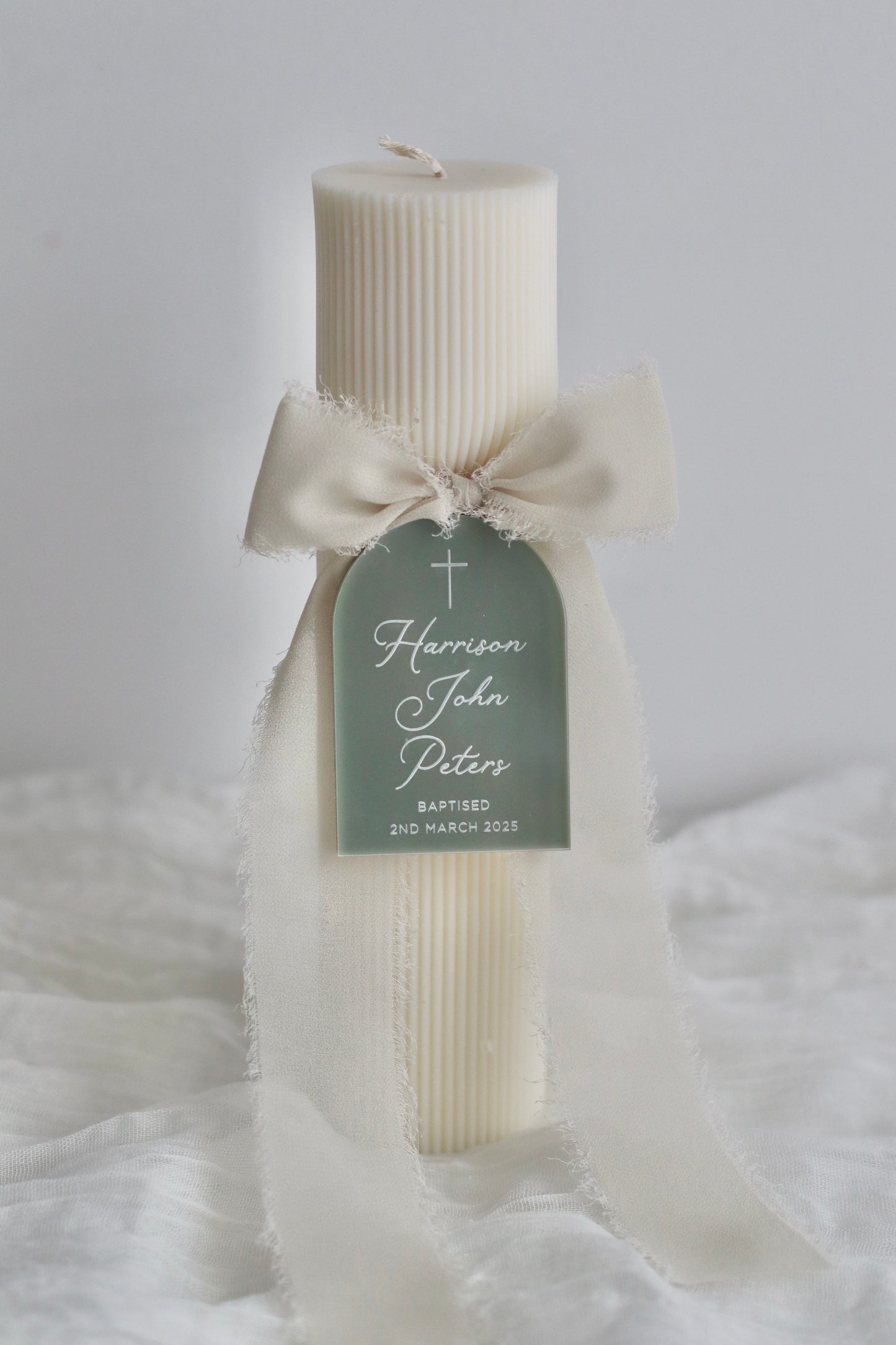 Hourglass Ribbed Baptism Candle w/ Acrylic Plaque