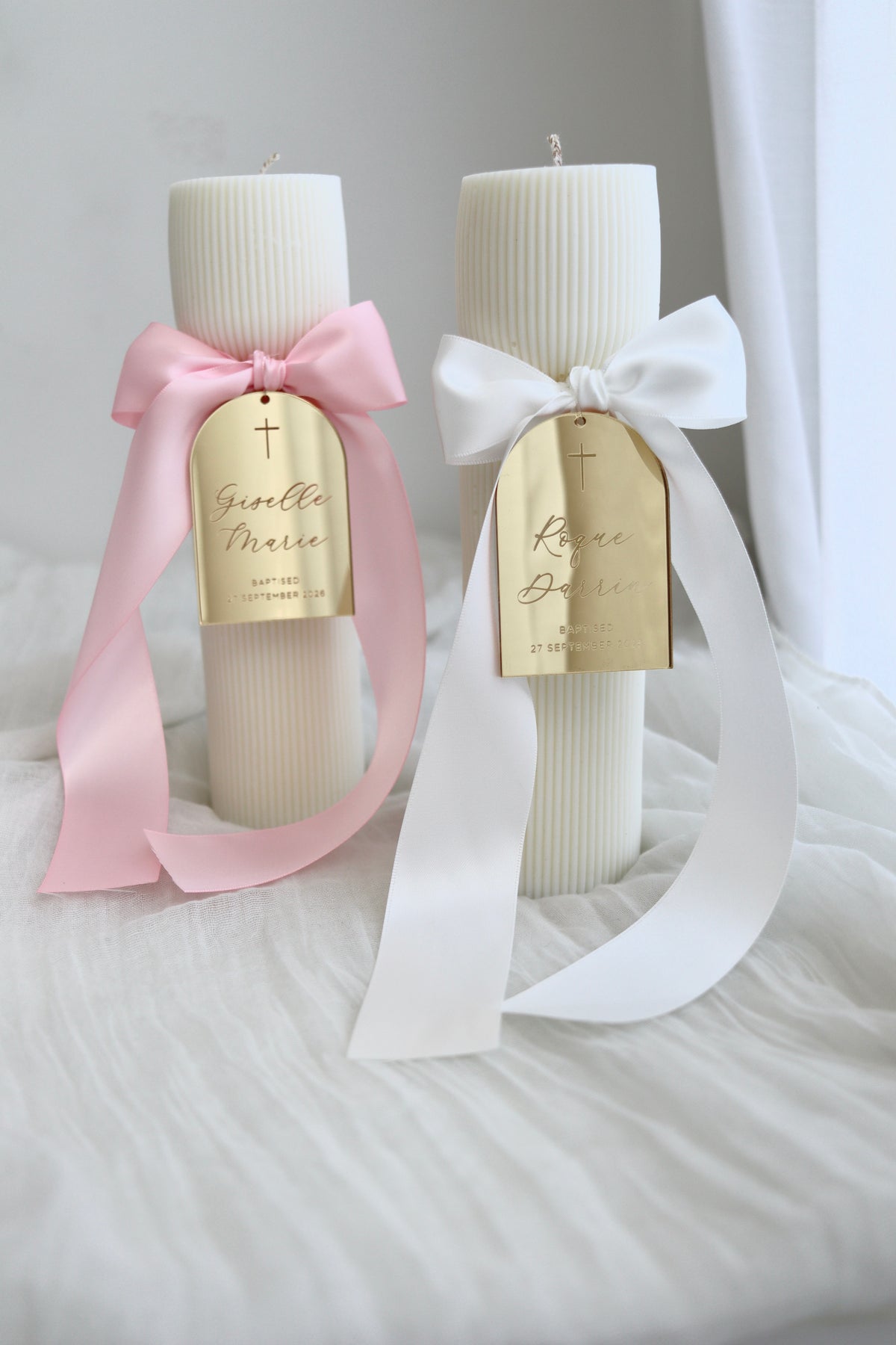 Hourglass Ribbed Baptism Candle w/ Mirror Acrylic Plaque