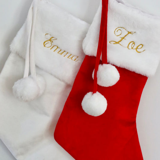 Velvet Personalised Christmas Stockings - Velvet stocking with plush white trim