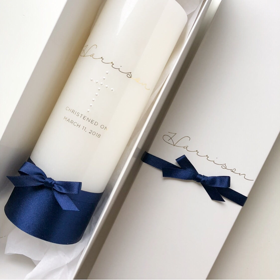 Baptism Candle with Pearl Cross - This baptism candle has no cross comes with an optional personalised display box, made to match the candle.
