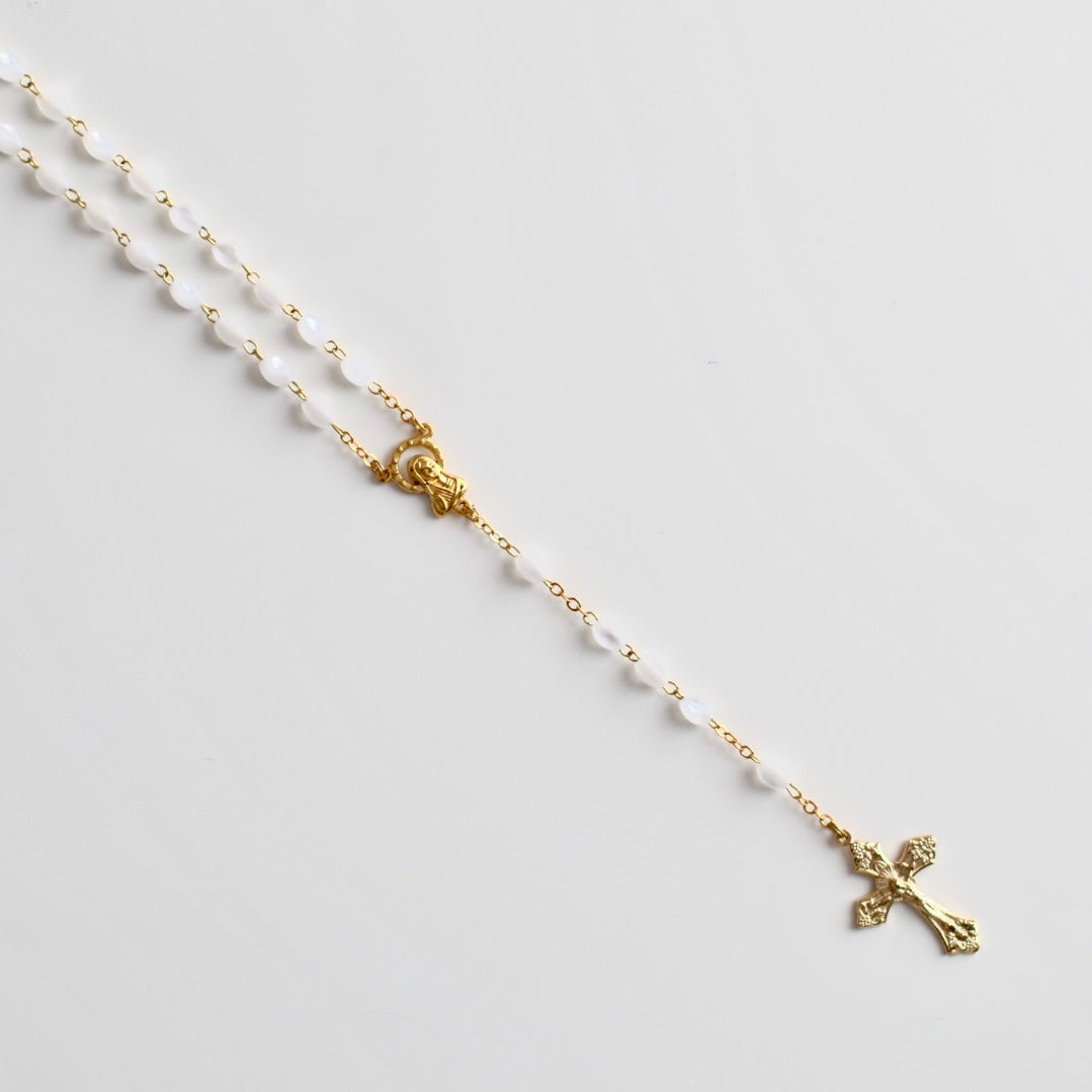 Mother of Pearl Rosary w/ Gold Hardware  Our Gold Rosary with teardrop beads, perfect as a gift for a baptism or christening, or a communion gift. 