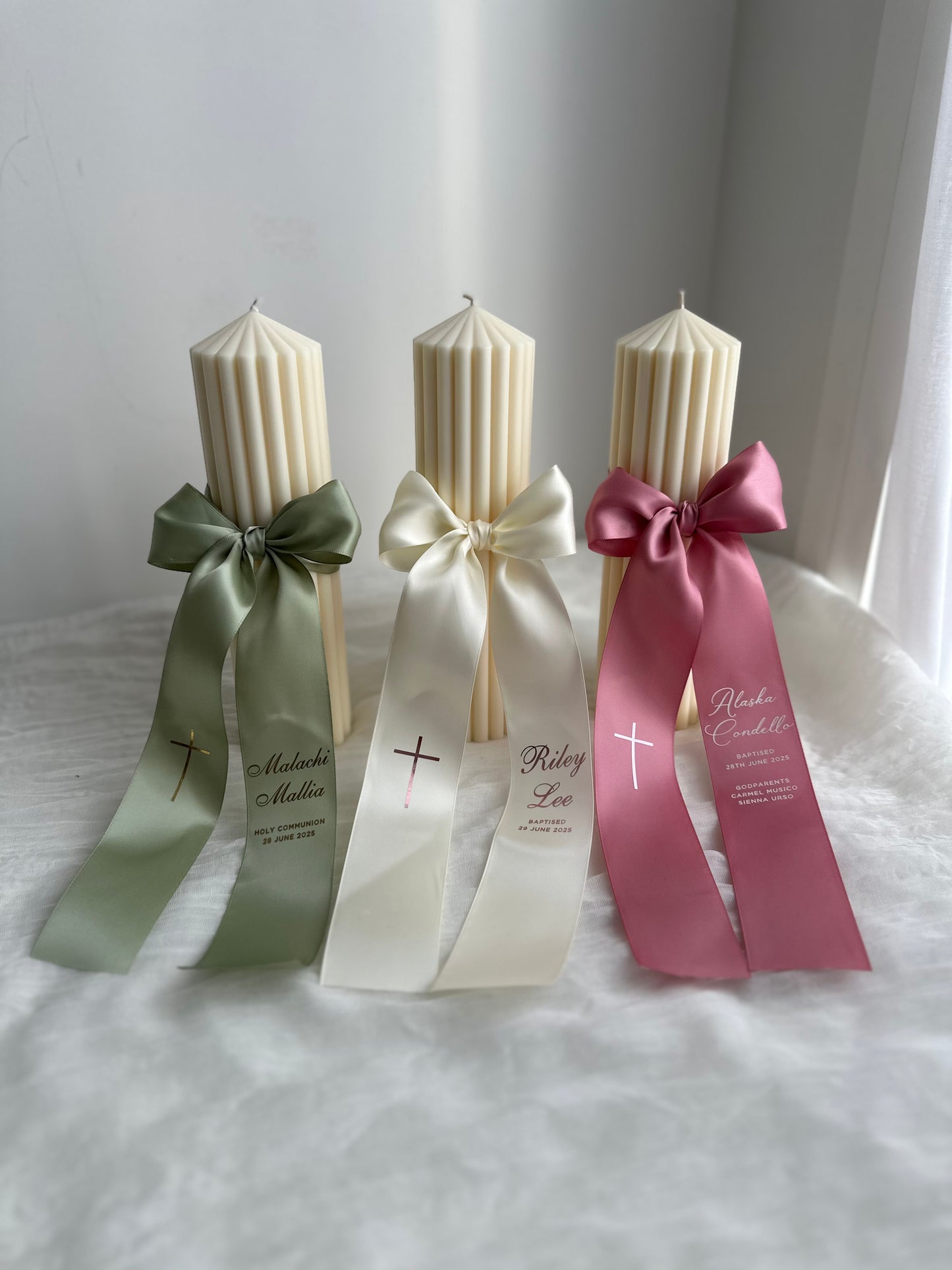 Ribbed Baptism Candle w/ Satin Printed Ribbon