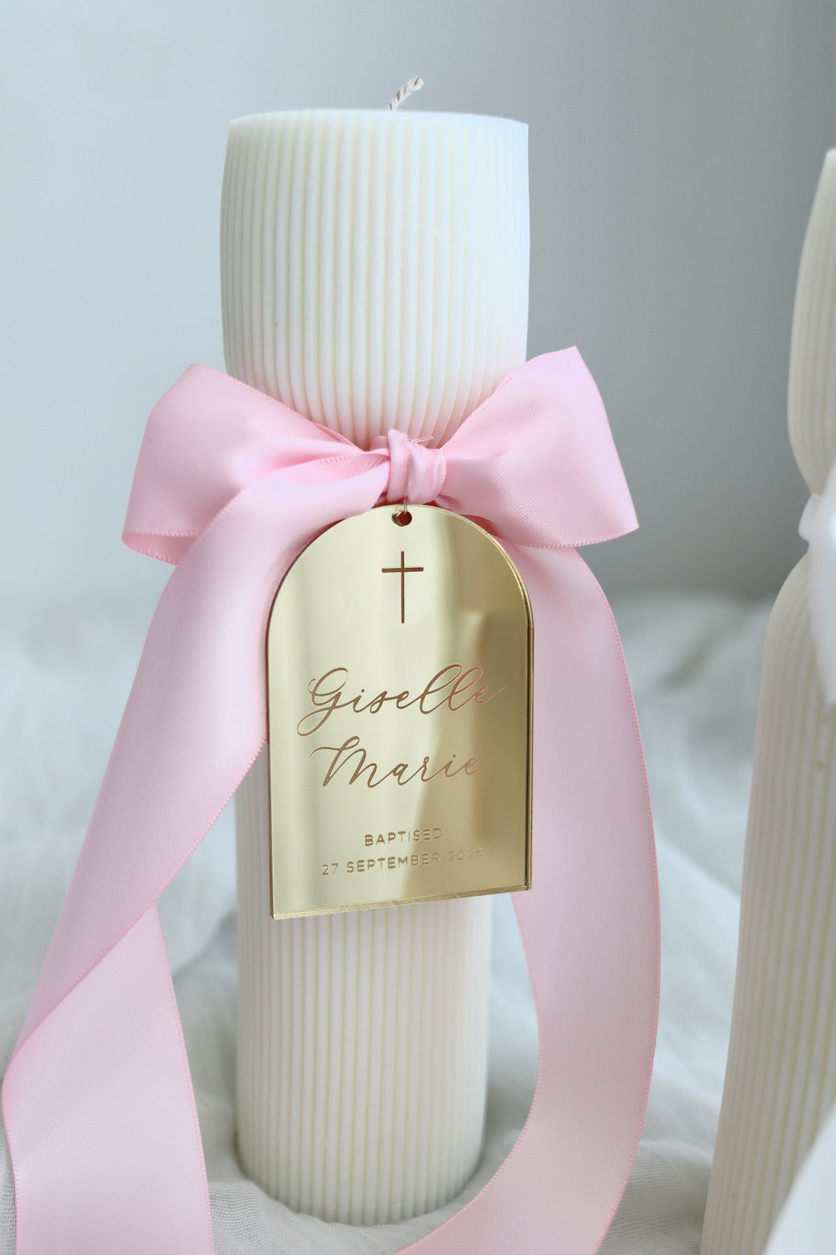 Hourglass Ribbed Baptism Candle w/ Mirror Acrylic Plaque