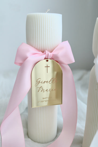 Hourglass Ribbed Baptism Candle w/ Mirror Acrylic Plaque