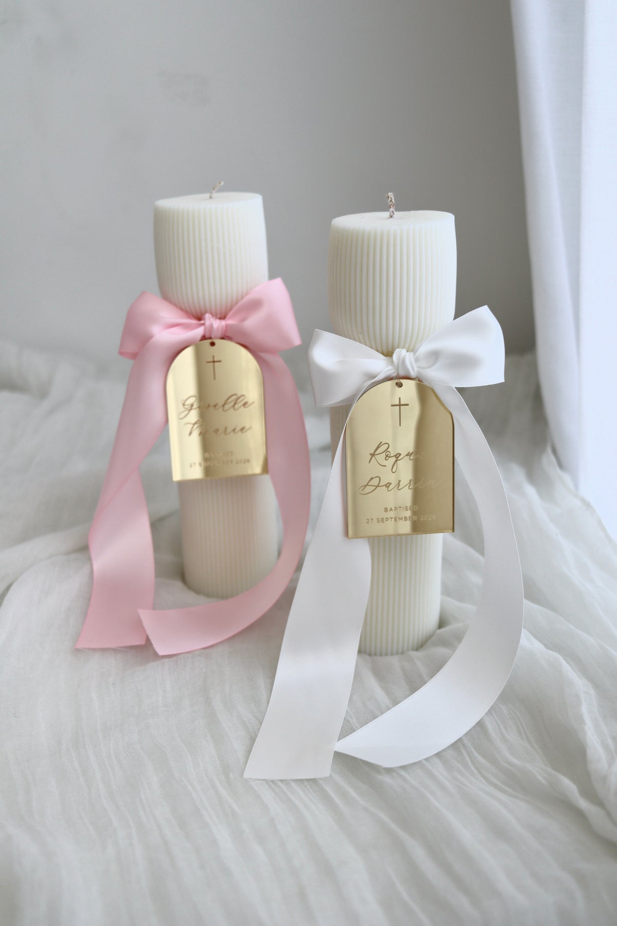 Hourglass Ribbed Baptism Candle w/ Mirror Acrylic Plaque