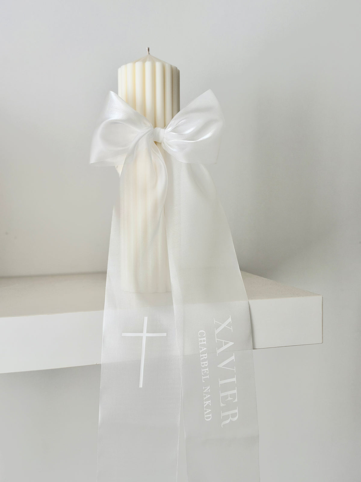 Ribbed Baptism Candle w/ Sheer Printed Ribbon