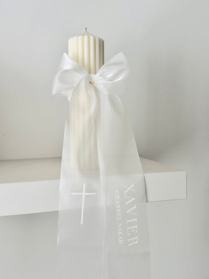 Ribbed Baptism Candle w/ Sheer Printed Ribbon