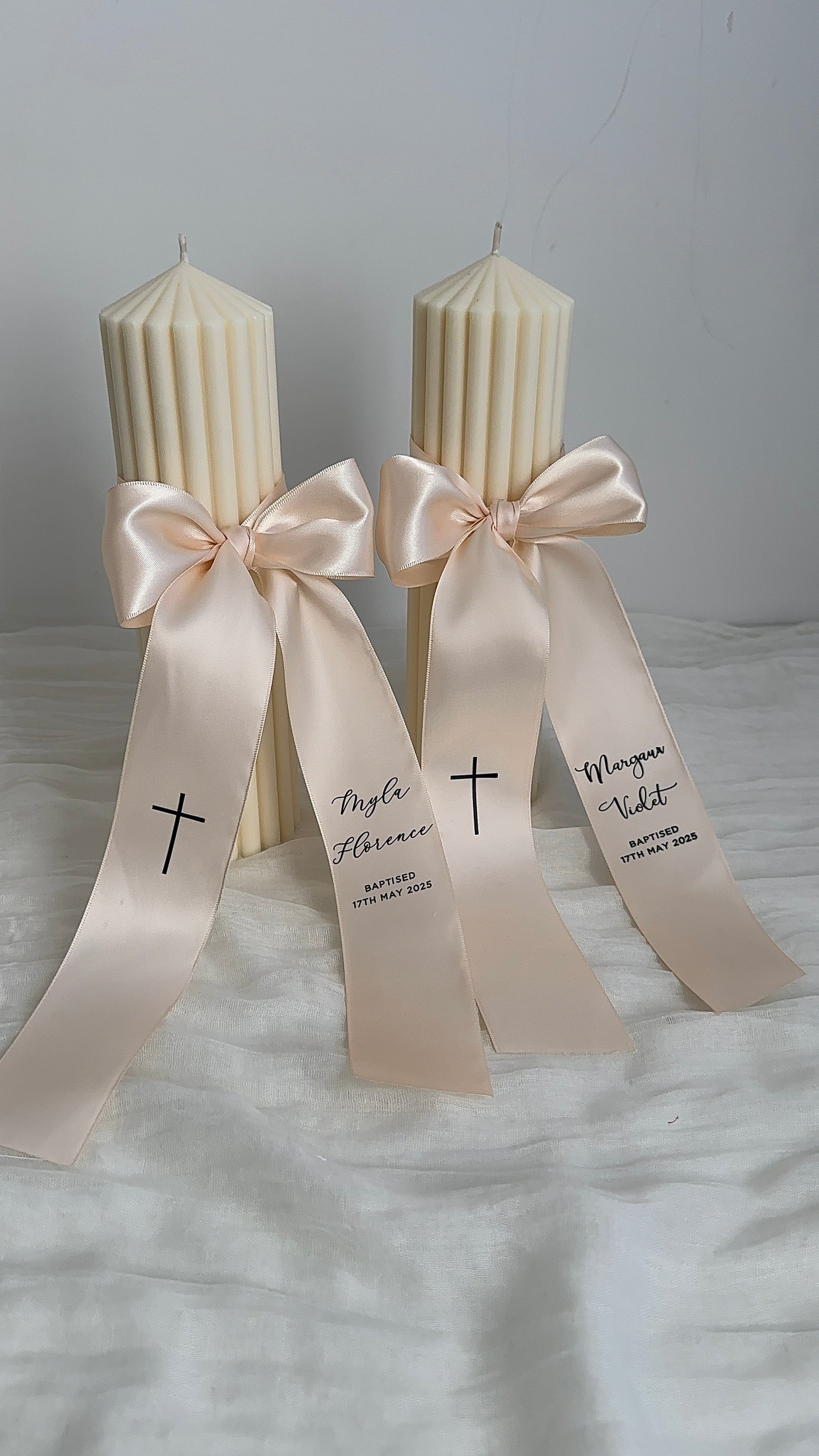 Ribbed Baptism Candle w/ Satin Printed Ribbon