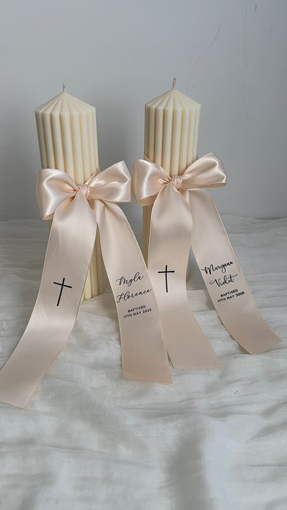Ribbed Baptism Candle w/ Satin Printed Ribbon