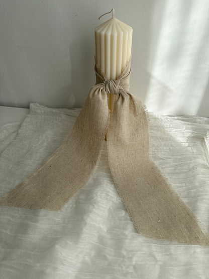 Ribbed Baptism Candle w/ Linen Printed Ribbon