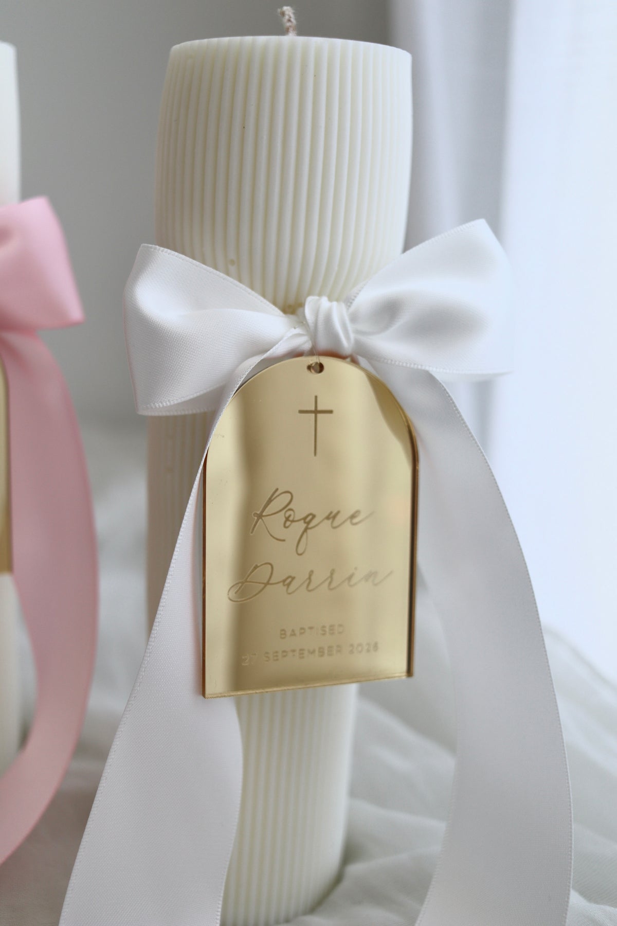 Hourglass Ribbed Baptism Candle w/ Mirror Acrylic Plaque