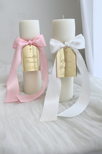 Hourglass Ribbed Baptism Candle w/ Mirror Acrylic Plaque
