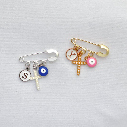 Pearl Cross, Gold or Silver Evil Eye Baby pin