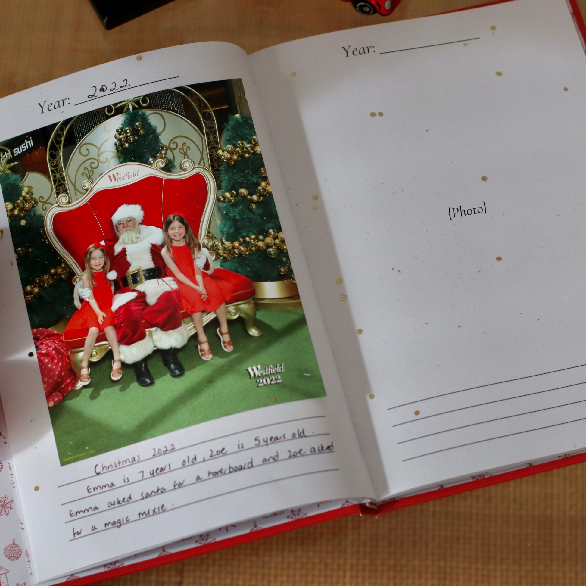 Christmas Album & Memory Book - Hard Cover Personalized Christmas Card  Photo Book & Journal - Photos with Santa Book (Gold Trees/Light Background)