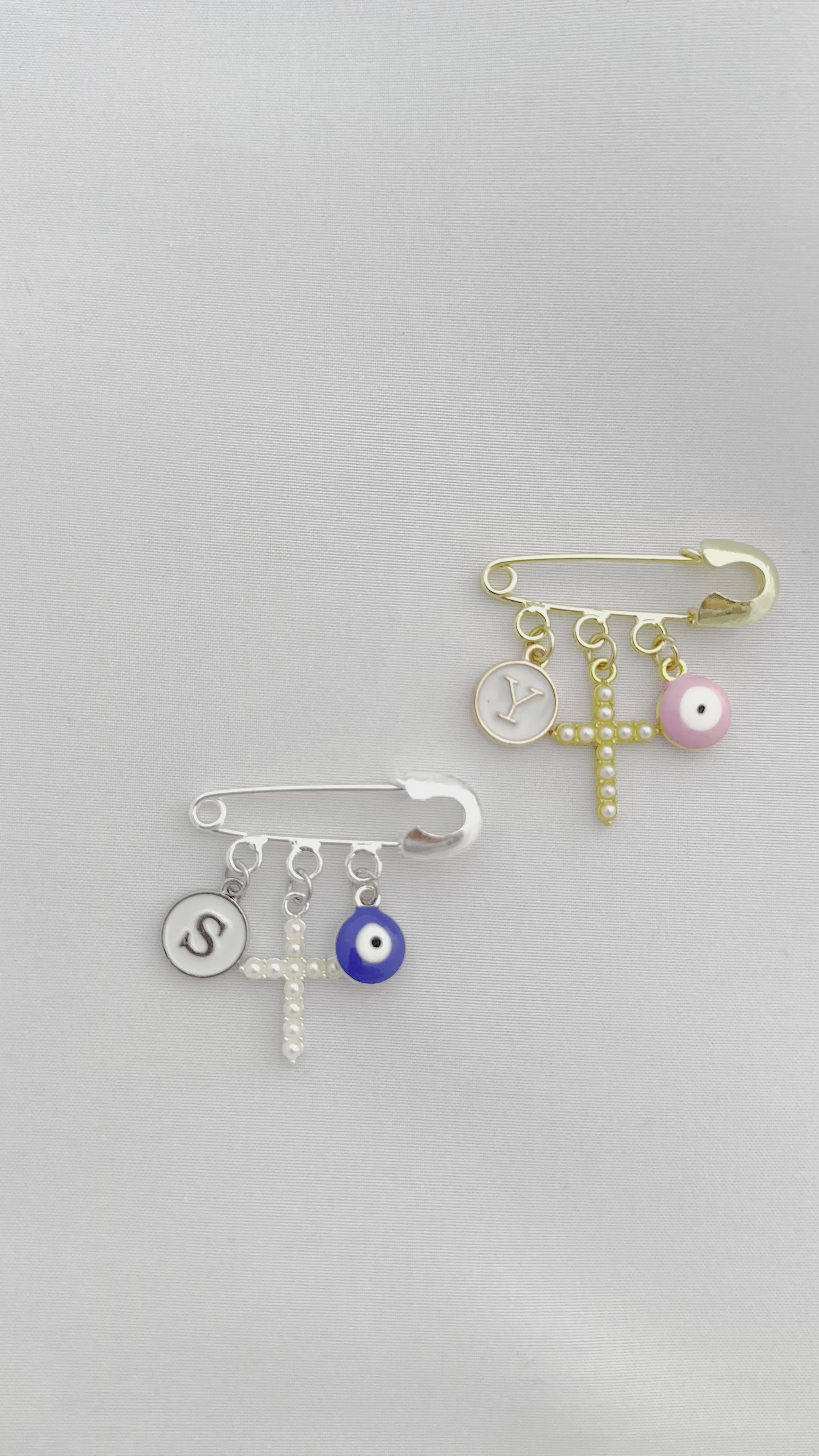 Pearl Cross, Gold or Silver Evil Eye Baby pin