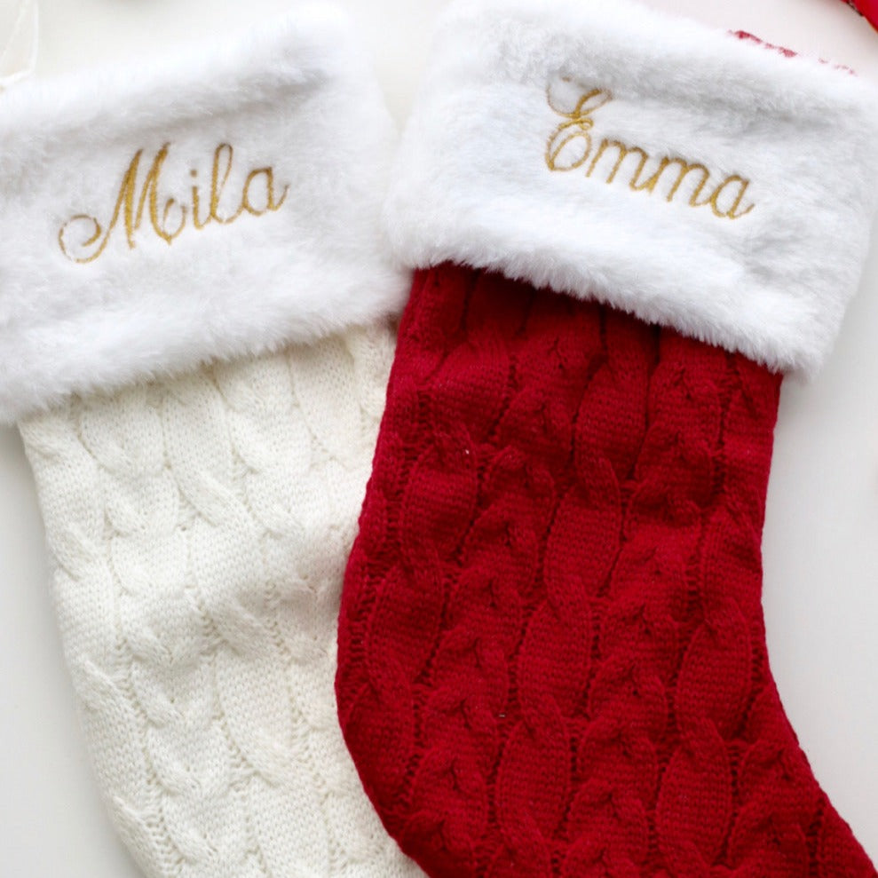 Our Knitted Personalised Christmas Stockings will come embroidered or have an acrylic letter or both!