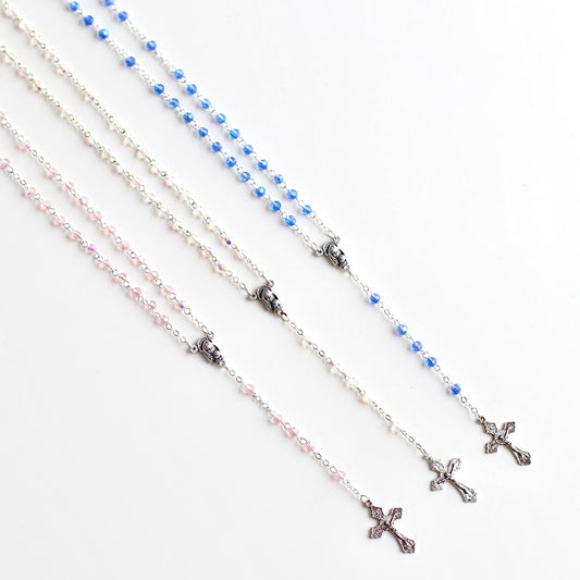 Our Crystal Rosary with silver hardware, perfect as a gift for a baptism or christening, or a communion gift.  Perfect to add to one of Bespoke Baby Co's baptism packages