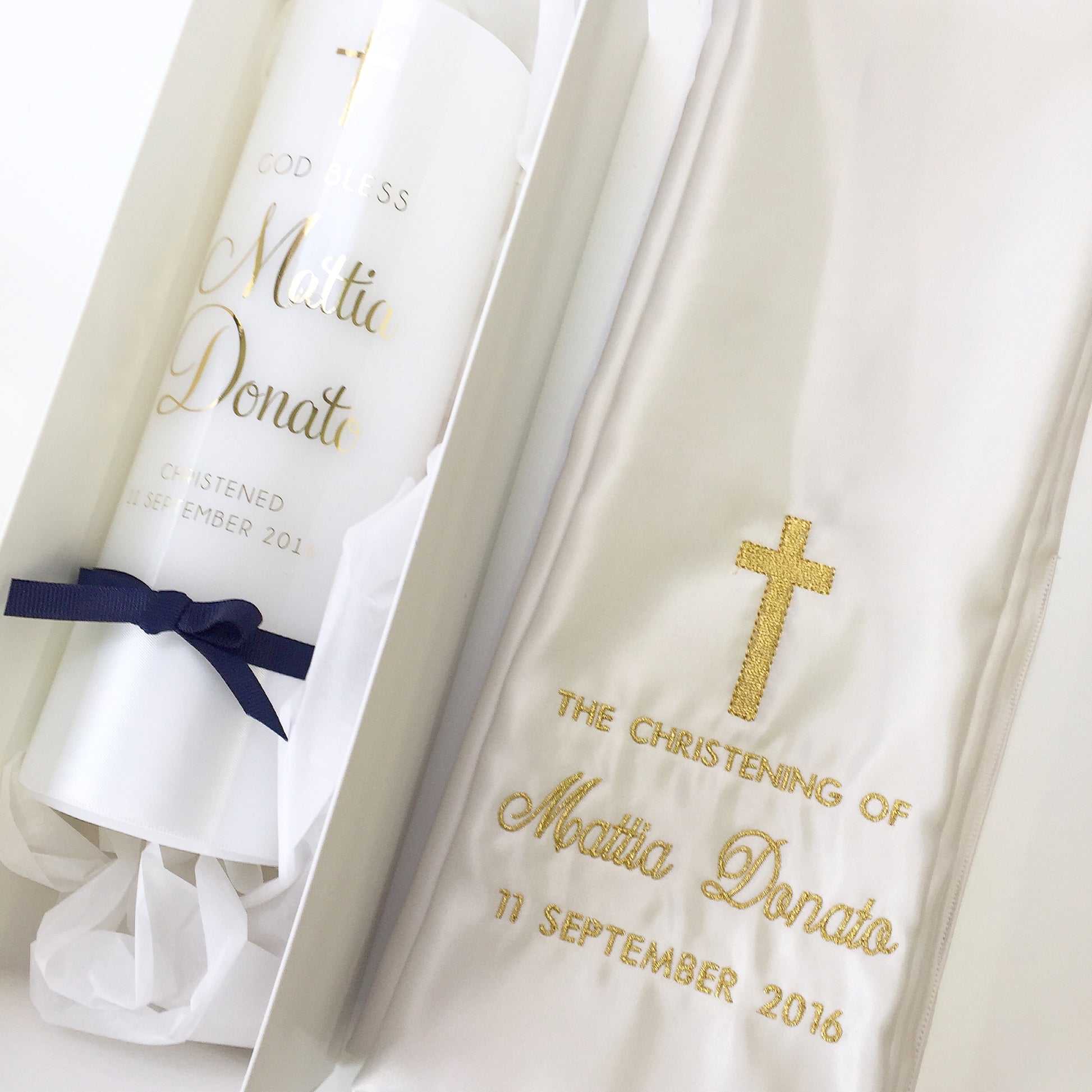 This Classic Catholic Package comes with your choice of White Extra Large Box, Clear Extra Large Acrylic Box or No Box. + 1 Embroidered Stole + 1 Baptism Candle