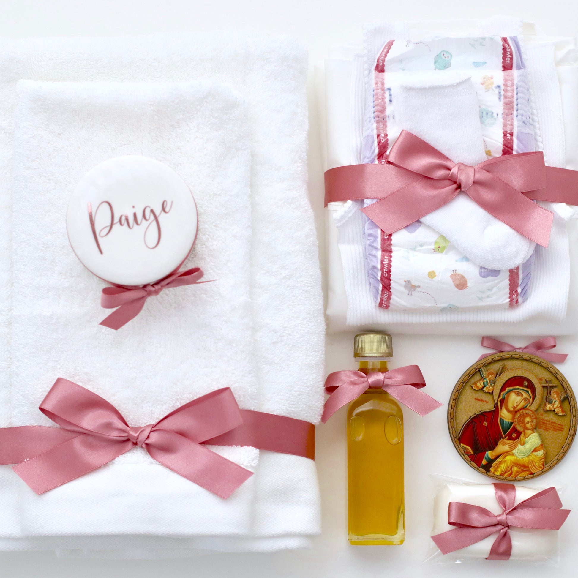 Classic Orthodox Package includes 1 x 1 x Your choice of White Extra Large Box, Clear Extra Large Acrylic Box, No Box. (Price varies depending on which option you choose.) 1 x Bath Towel 1 x Hand Towel 1 x Oil Sheet & Cap 1 x Singlet 1 x Oil 1 x Personalised Trinket Box 1 x Soap 1 x Socks 1 x Icon