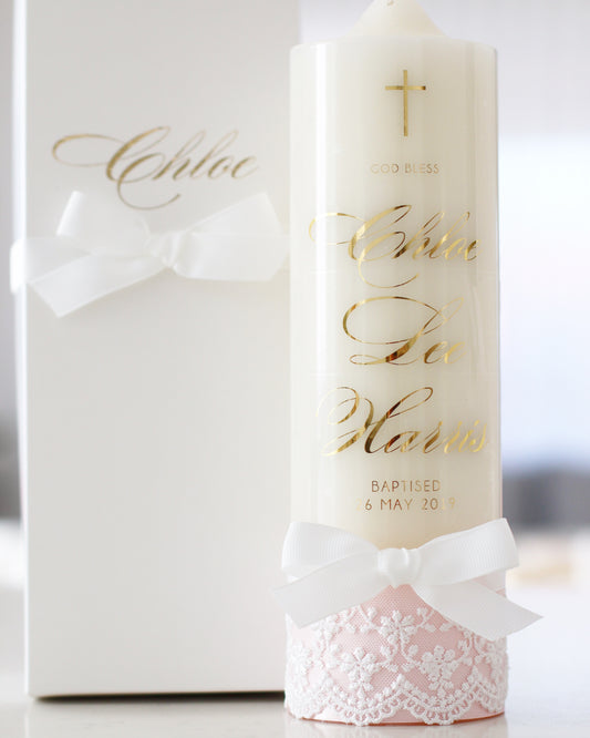 The candle comes with a lace trim and an optional personalised display box, made to match the candle.