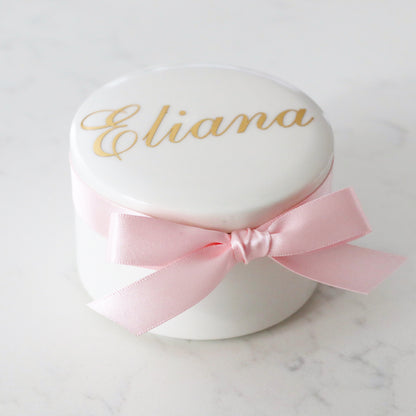 Ceramic white trinket box to keep all your special little things, personalised with text on the lid.