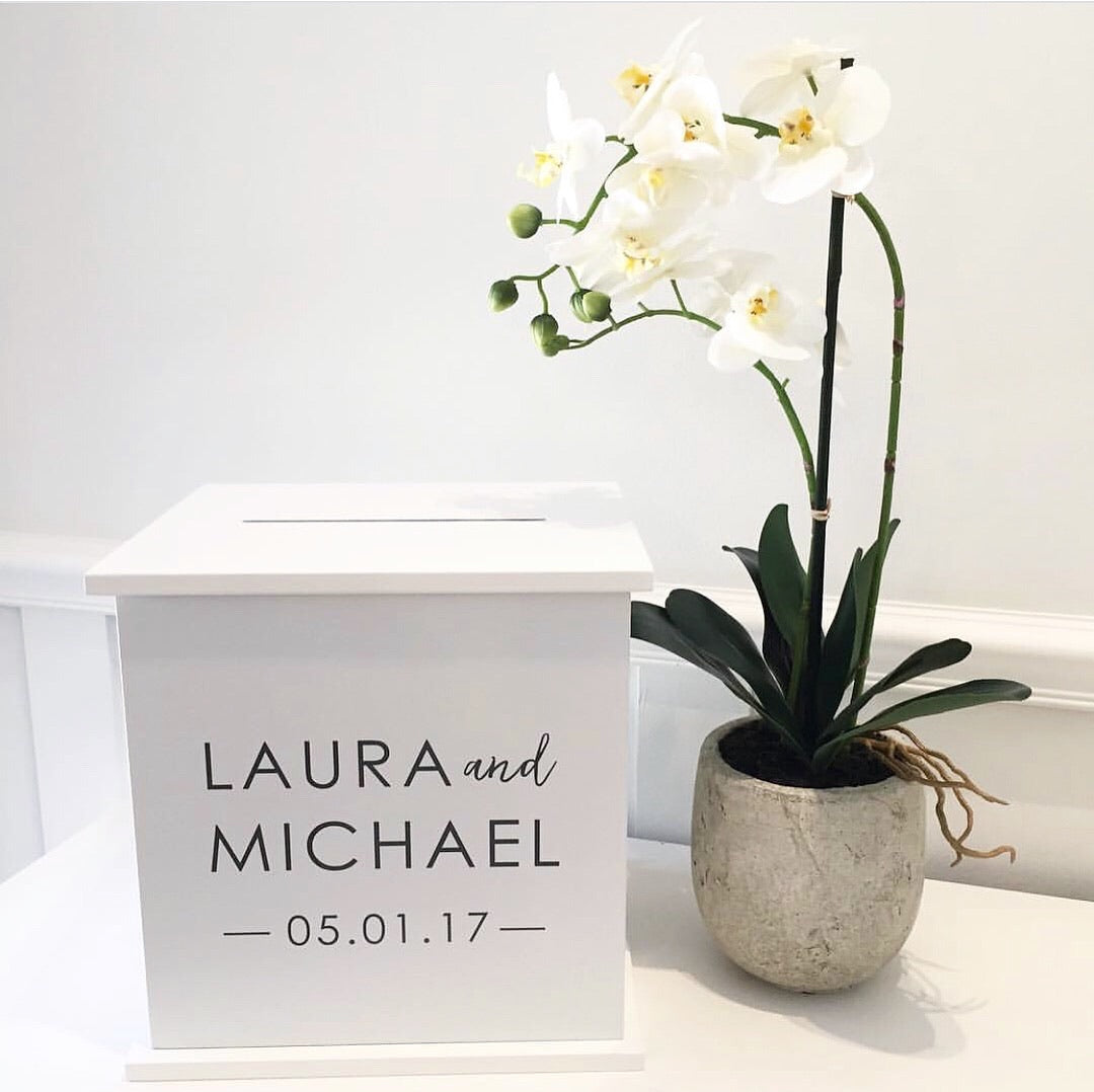 White personalised wooden wishing well box to hold all the well wishes and cards at your wedding.
