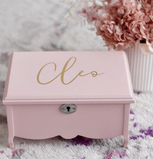 Personalised Pink Timber Jewellery Box in pink, with musical wind up ballerina, mirror and cream interior. Comes with lock and key.