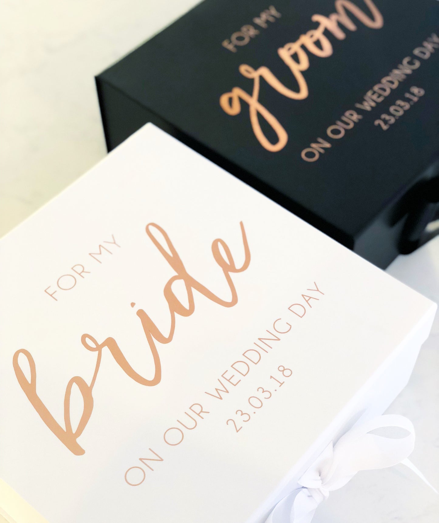 Medium Personalised Gift Box - A sturdy, rigid collapsible gift box made from 2.8mm (approx) board and covered with a bright white paper inside and a protective matte laminate coating inside and out. Magnetic Closure with matching ribbon.