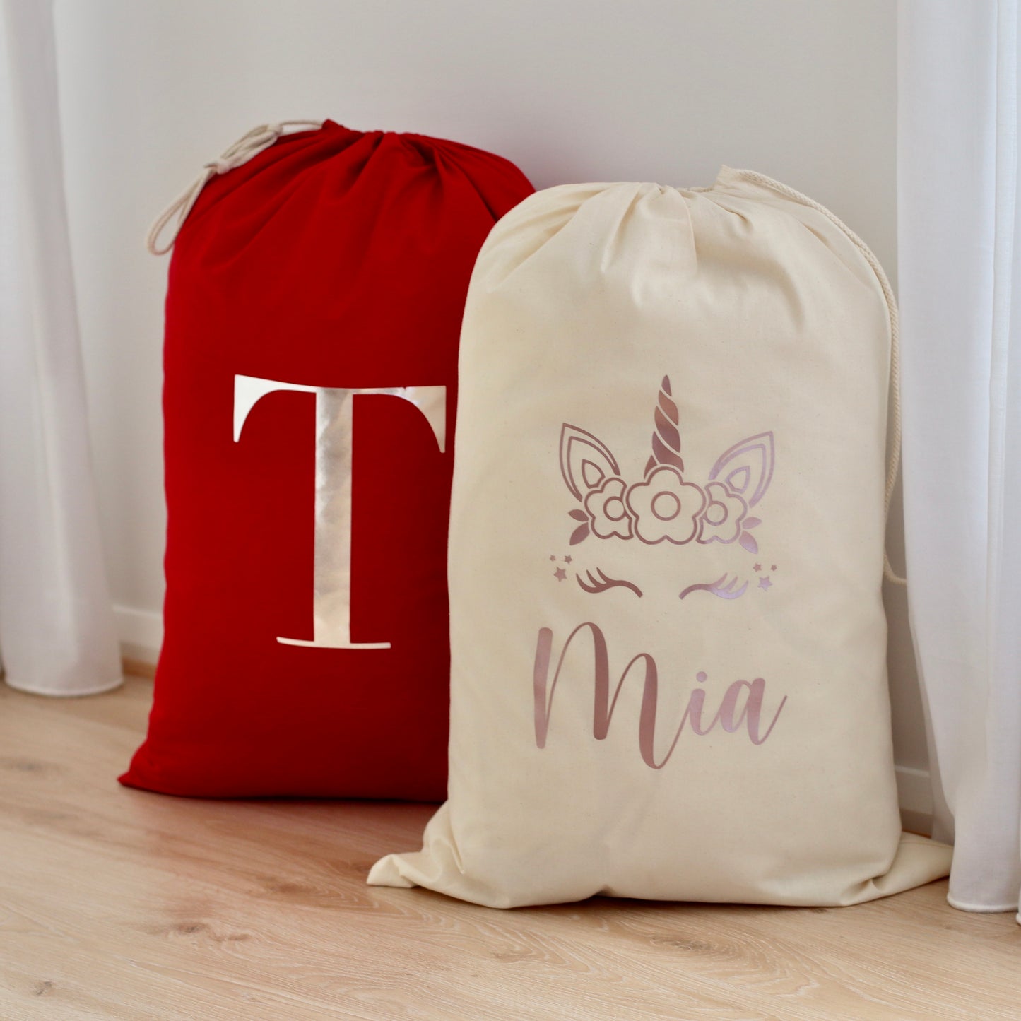 Red Personalised Santa Sack - The sacks are made from a cotton and are a drawstring closure.