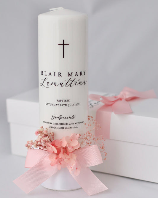 Preserved Floral & Ribbon Baptism Candle - candle comes with an optional personalised display box, made to match the candle