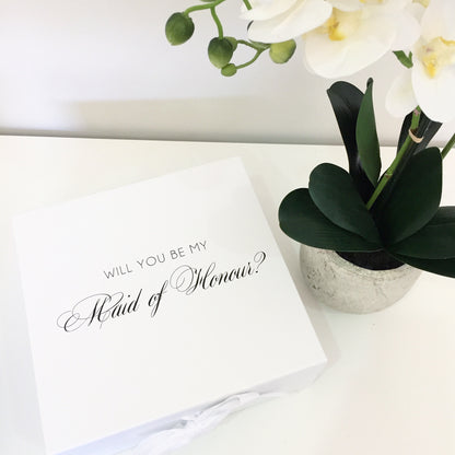 Medium Personalised Gift Box - A sturdy, rigid collapsible gift box made from 2.8mm (approx) board and covered with a bright white paper inside and a protective matte laminate coating inside and out. Magnetic Closure with matching ribbon.