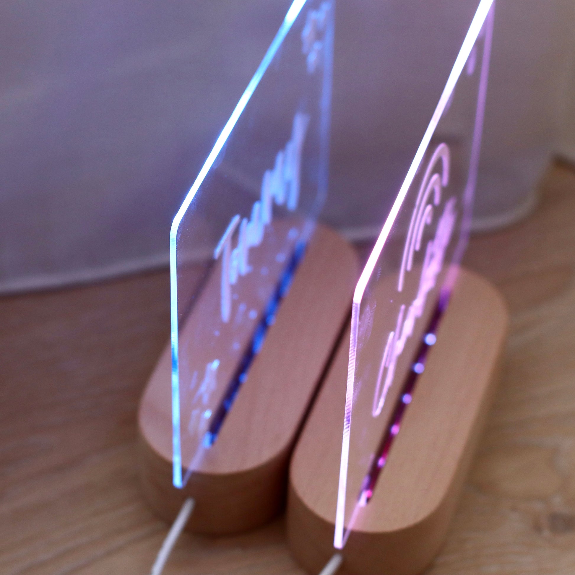 Personalised LED Night Light (Natural White) with a wooden base and personalised acrylic plate
