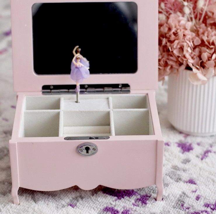Personalised Pink Timber Jewellery Box in pink, with musical wind up ballerina, mirror and cream interior. Comes with lock and key.
