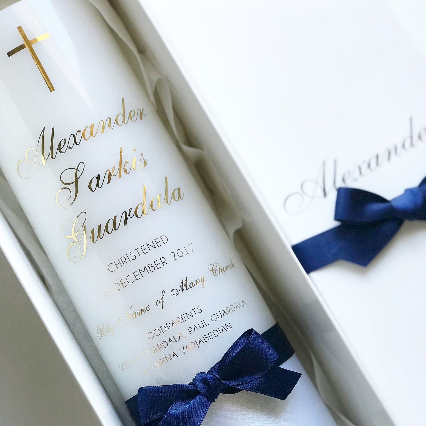 Printed Cross Candle - The candle comes with a personalised display box, made to match the candle. 