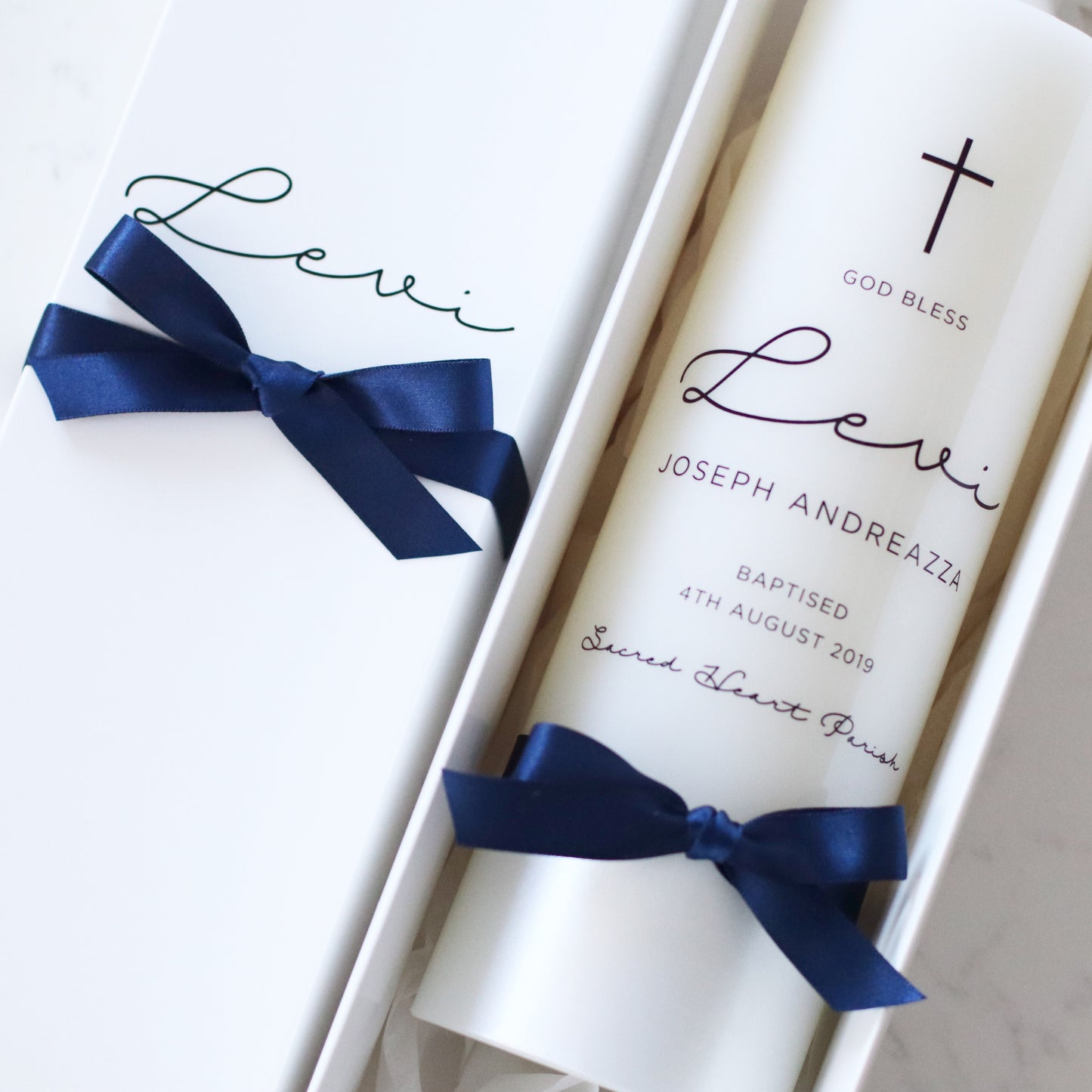 Printed Cross Candle - The candle comes with a personalised display box, made to match the candle. 