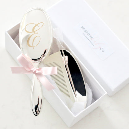 Silver, Gold, or Rose Gold plated baby brush and comb set, which comes in a box. The brush can personalised on the back with 1-2 initials.