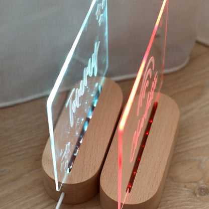 Personalised LED Night Light (Multi Colour) with a wooden base and personalised acrylic plate