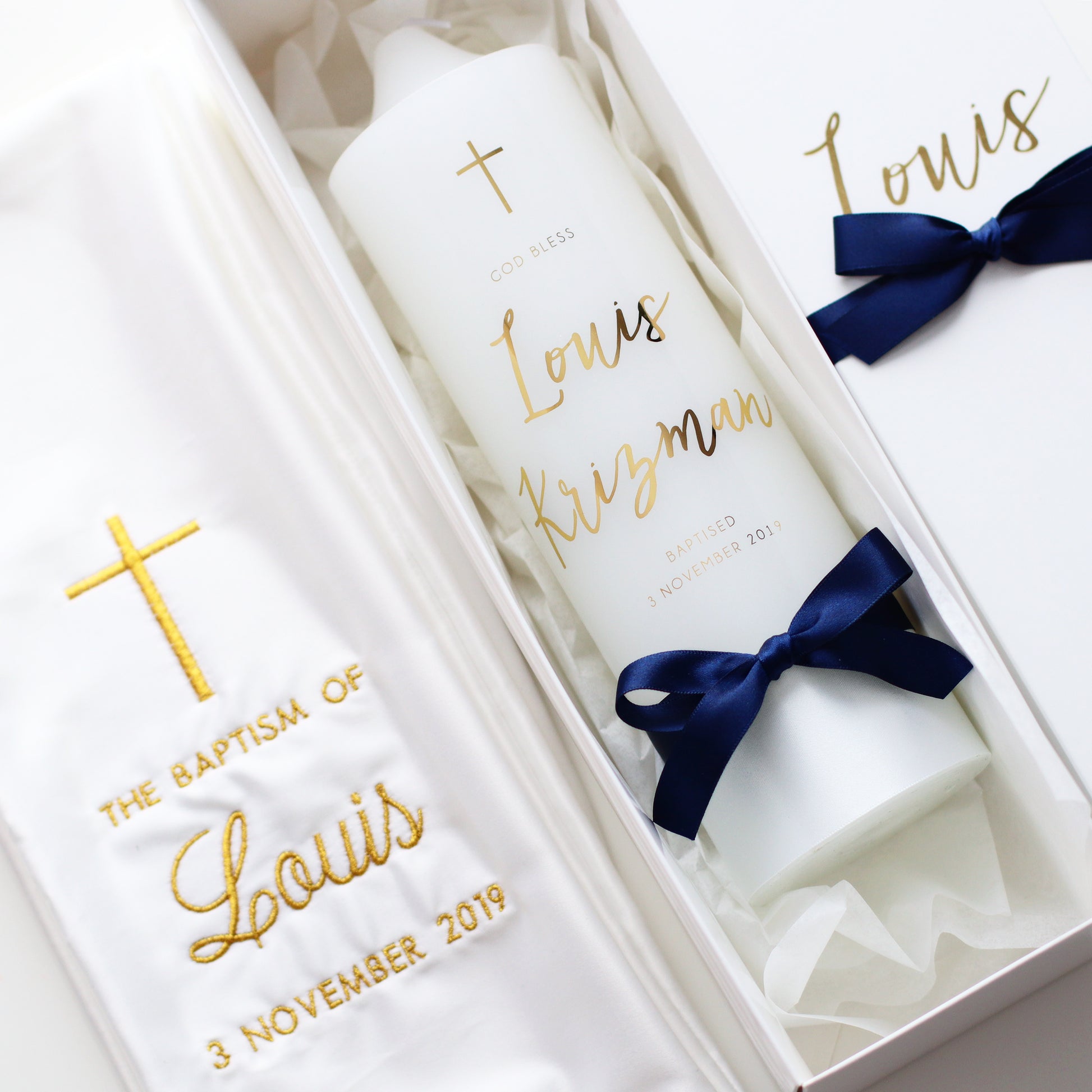 This Classic Catholic Package comes with your choice of White Extra Large Box, Clear Extra Large Acrylic Box or No Box. + 1 Embroidered Stole + 1 Baptism Candle