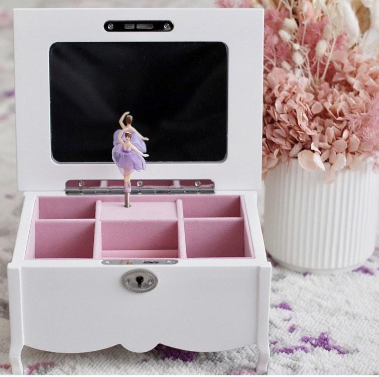 Personalised White Timber Jewellery Box in pink, with musical wind up ballerina, mirror and cream interior. Comes with lock and key.