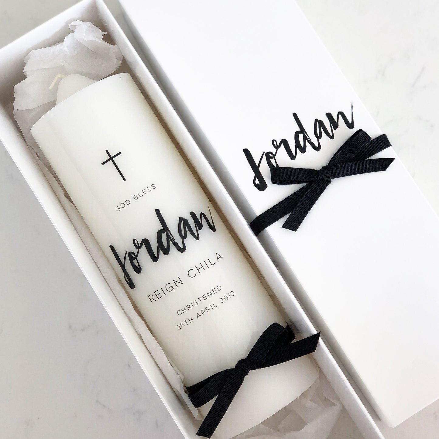 Printed Cross Candle - The candle comes with a personalised display box, made to match the candle. 